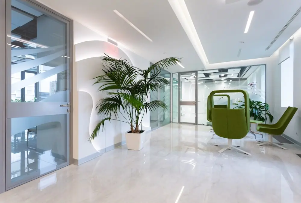 A bright, modern clinic interior with waiting-area seating