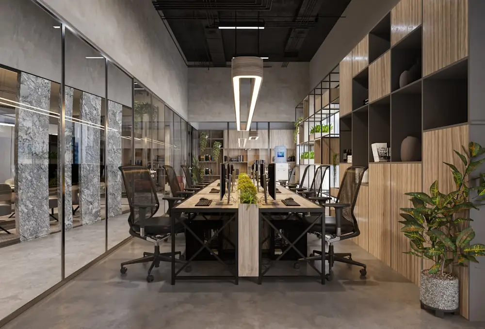 A long meeting-room table in a quiet professional office