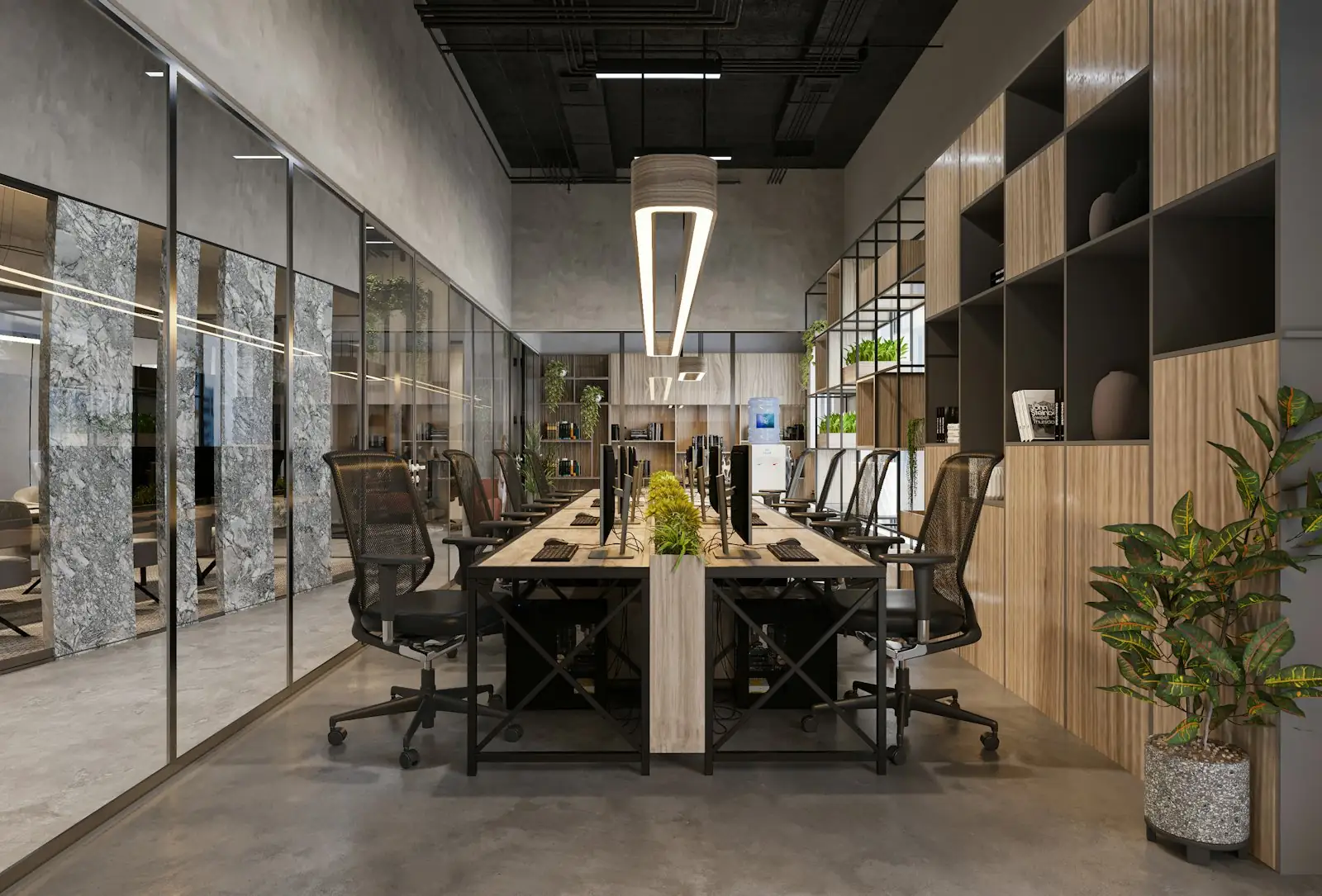 A long meeting-room table in a quiet modern office